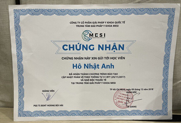 Chứng nhận: "Đào tạo cập nhật phản vệ theo thông tư 51 Bộ Y Tế"